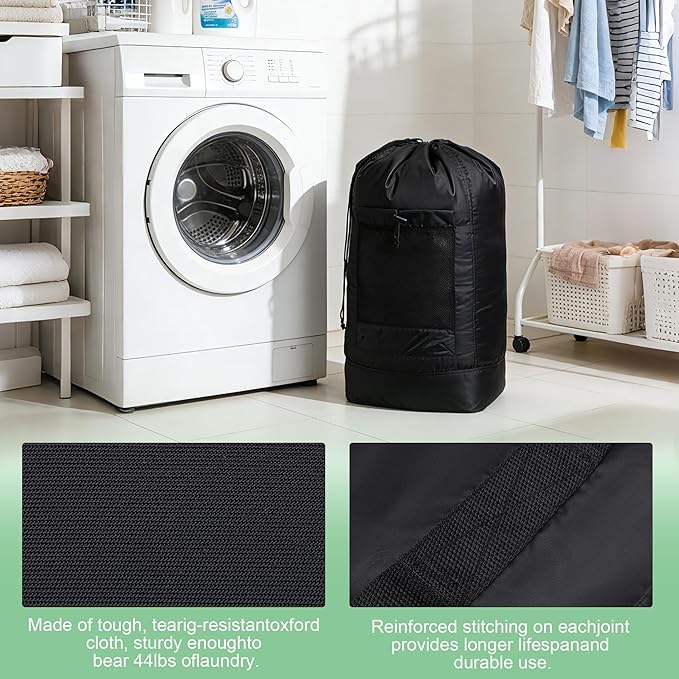 Backpack Laundry Bag,Large Travel Laundry Bags with Shoulder Straps and Mesh Pockets,Laundry Backpack with Drawstring Closure for College,Trave,Dorm, Apartment,Laundromat (Black)