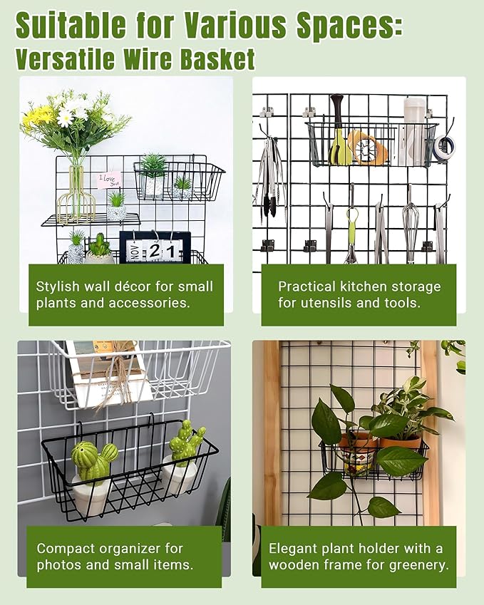 10 PCS Black Wire Baskets, No Drilling, Hanging Wire Basket for Wall Grid Panel Organizing, Grid Wall Accessory