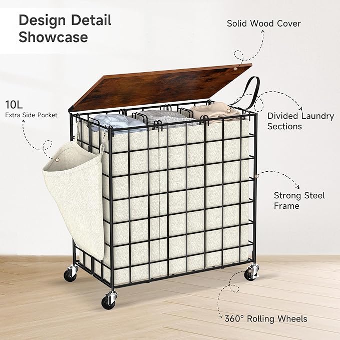Laundry Basket with Wheels, Heavy Duty Laundry Sorter 3 Sections, 140L (37Gal.) Large Capacity Laundry Hamper with Wood Lid, 360 Rolling Wheels, Extra Side Pocket, Leather Pull Handle (Beige)