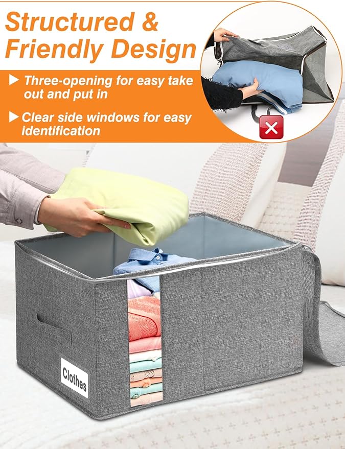 boailydi 60L Blanket/Comforter Storage Bag w/Rigid Side & Bottom Support, Stackable Clothes Storage Bin for Sweaters Bedding Sets Quilts Pillows, Closet Organizer, 21.7x14.2x11.8in, 2 Pack, Gray