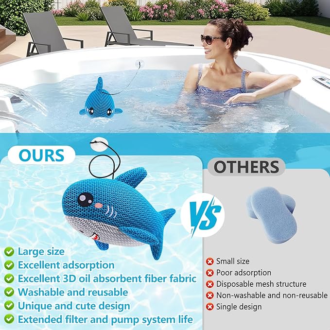 Hot Tub Scum Absorber Shark, 2PCS Reusable Hot Tub Oil Absorbing Floating Sponges for Spa/Pool, Hot Tub Scum Sponge Accessories to Soak Up Oils & Keep Water Clean