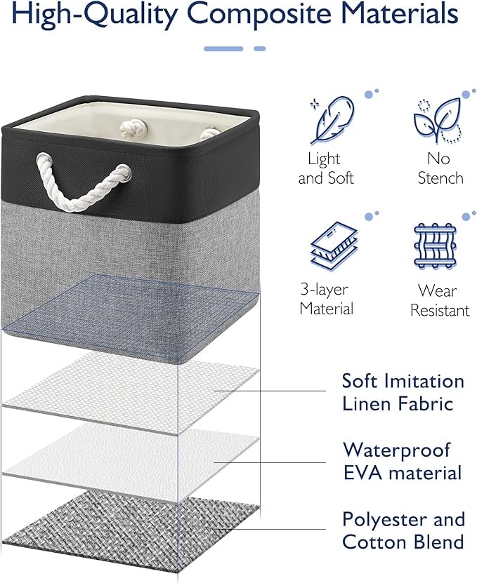 11 Inch Cube Storage Bins, 6 Pack Fabric Storage Cubes with Rope Handles, Organizer Baskets for Closet Shelves, Clothes and Home Organization(Dark/Gray)