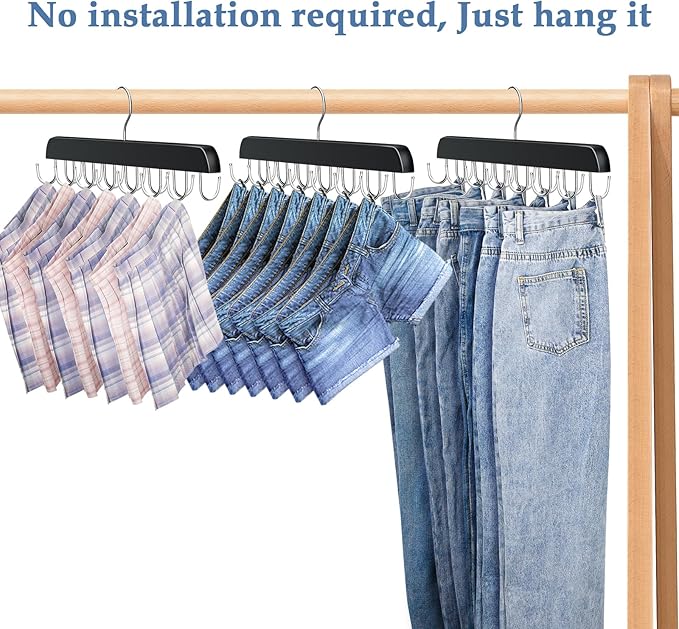 Jean Hangers for Closet, 14 Wood Jeans Hooks Space Saving, 180° Rotating Jean Hangers for Skirts/Shorts/Belts/Ties, Closet Organizers and Storage, Pants Hooks for Jeans, 2 Pack, Black