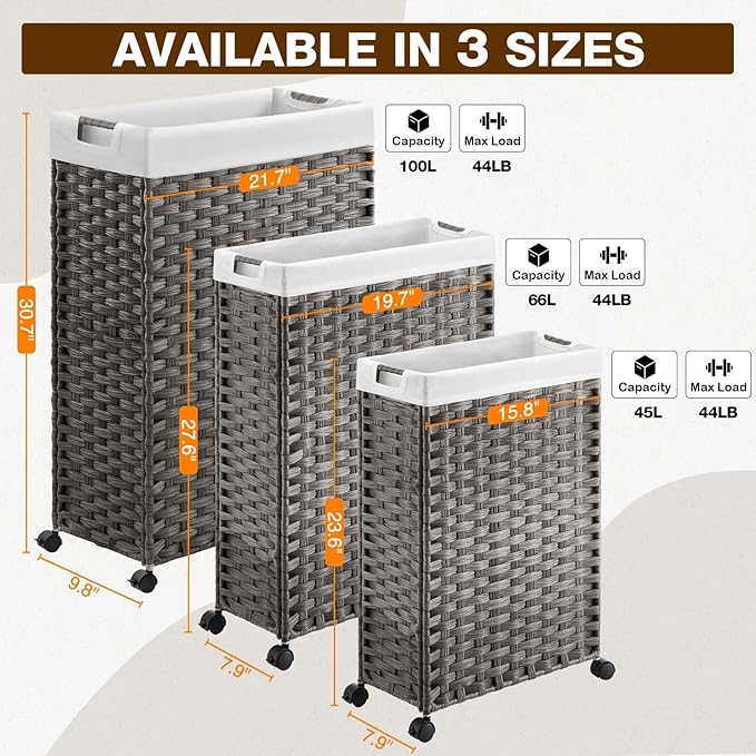 Greenstell Laundry Hamper with Wheels, 17.4 Gallon (66L) Slim Laundry Basket with 2 Removable Liner Bags & 2 Mesh Bags, Narrow Rattan Clothes Hamper for Bedroom, Laundry Room, Bathroom, Grey