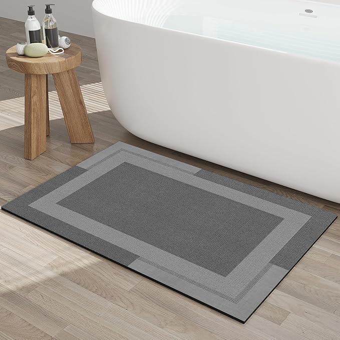 YDKGL Non Slip Bath Mat, Rubber Backing Ultra Thin Bathroom Rugs Fit Under Door Quick Dry Super Absorbent Washable Bath Rug Shower Mat for Bathroom Floor Bathtub Sink, Easy Care Dark Grey 20"x 32"