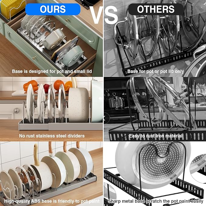 2 Pack Pots and Pans Organizer Under Cabinet, 22" Expandable Food Storage Container Lid Organizers with 9 Adjustable Dividers Pot and Pan Lid Holders Rack Inside Cabinet/Countertop(Gray)