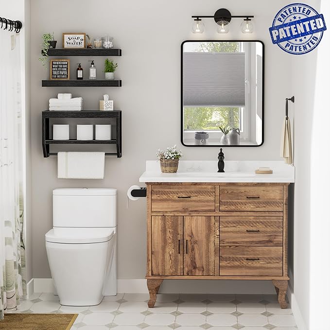 QEEIG Bathroom Floating Shelves for Wall - Shelf Over Toilet Paper Storage Farmhouse 16 inch Set of 3, Black (028-40B3)