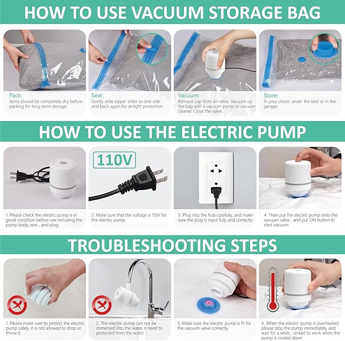 Cozy Essential 20 Pack Vacuum Storage Bags with Electric Pump, Vacuum Seal Space Saver Bags Compression for Clothing, Pillows, Blanket, Bedding, Comforters