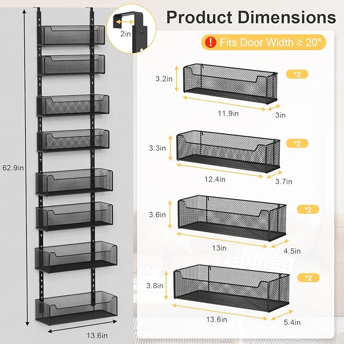 Over the Door Organizer, 8-Tier Pantry Organizer with Fully Enclosed Mesh Baskets, Heavy-Duty Metal Hanging Spice Rack for Kitchen Bathroom Laundry Room, 2-in-1 Wall Mount or Door Mount, Black