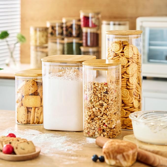 21oz - 4 Pack Square Glass Jars with Bamboo Lids, Glass Food Storage Containers with Airtight Lids, Air Tight Pantry Storage Containers for Coffee, Sugar, Spice, Meal Prep Jars for Salad & Fruit