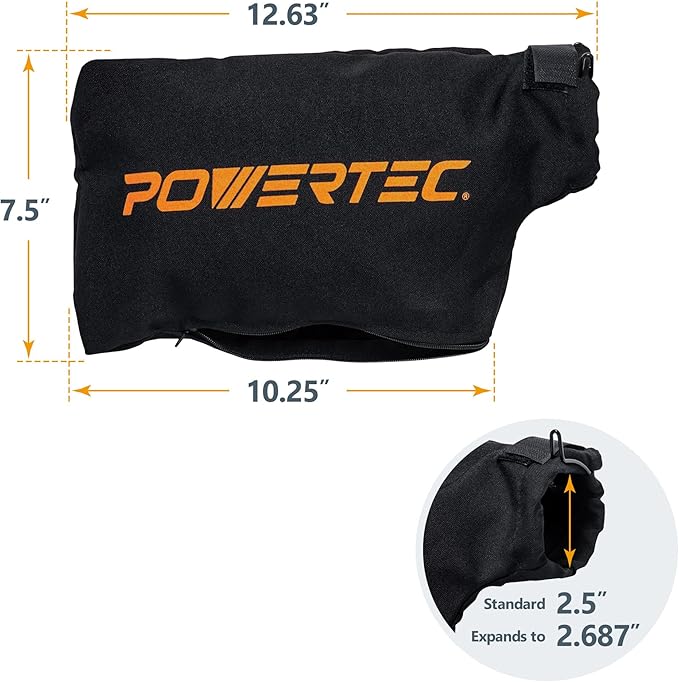 POWERTEC Miter Saw Dust Collector Bag for 10", 12" Miter Saw, Fits Nominal 2-1/2" Dust Ports, Hook and Loop Dust Bag w/Zipper and Wired Adjustable Stand for Belt Sander (75075)