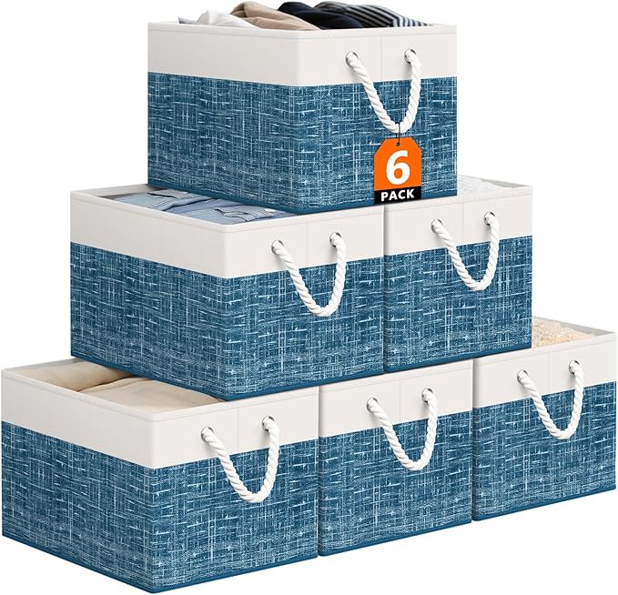 Storage Bin,Collapsible Storage Basket For Organizing,Large Storage Boxes With Rope Handles,Storage Containers,White & Blue,6 Pack