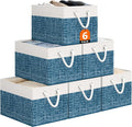 Storage Bin,Collapsible Storage Basket For Organizing,Large Storage Boxes With Rope Handles,Storage Containers,White & Blue,6 Pack