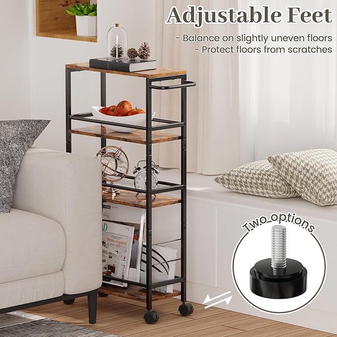 Narrow Storage Cart with Wheels, 4-Tier Narrow Kitchen Carts Slim Rolling Cart, Skinny Storage Cart, Snack Cart Slim Laundry Carts with Handle for Livingroom, Diningroom, Office（Rustic Brown, Black）