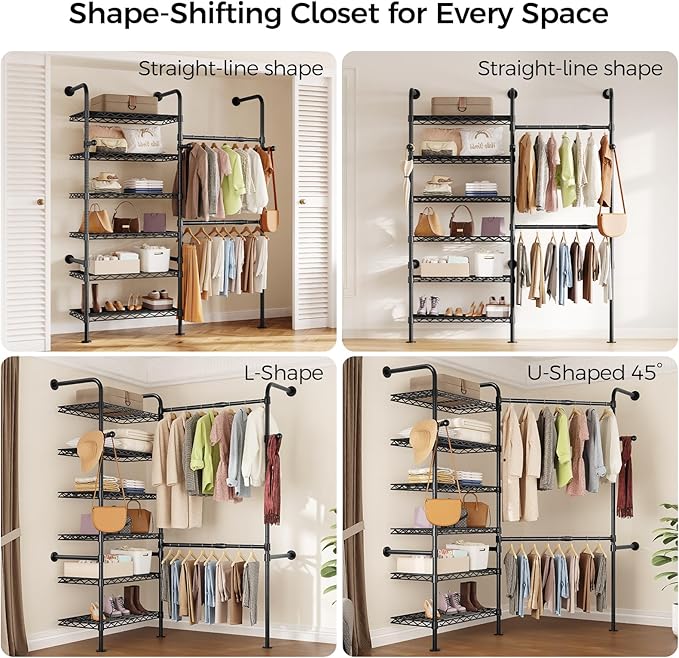 Closet Organizers and Storage, 2-Row Heavy Duty Garment Rack Clothes Rack for Hanging Clothes, Wall Mounted Closet System with 2 Telescopic Rods, 3 Hooks, 6 Shelves for Wardrobe, Bedroom, Small Space
