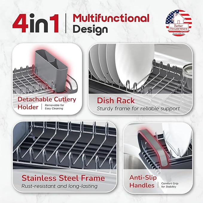 Better Houseware in Sink Dish Drying Rack, Dish Drying Rack in Sink with Non-Slip Handles, Stainless Steel Space-Saving Design, Dish Rack Holds 8 Plates, 12.25 x 18 x 10.75 Inch, Gray