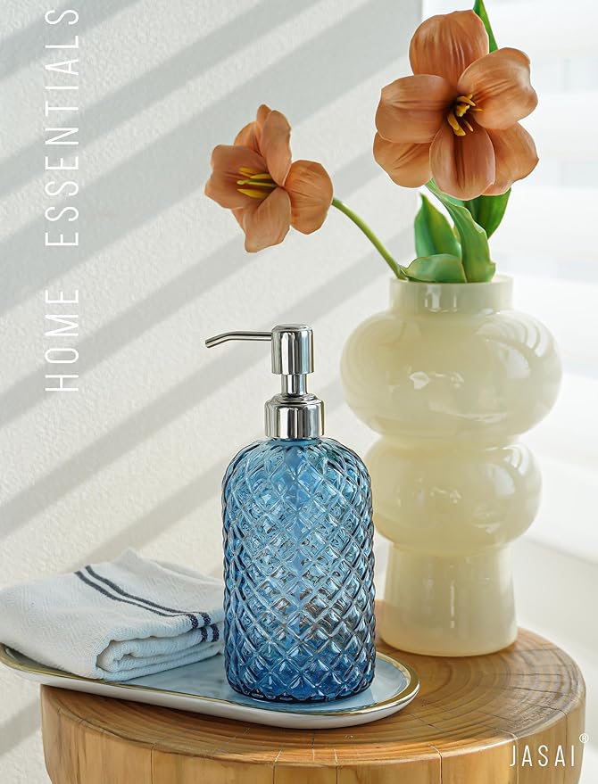 JASAI 18Oz Gem Patterned Glass Soap Dispenser for Kitchen and Bathroom, Refillable with Rust Proof Stainless Steel Pump (Blue)