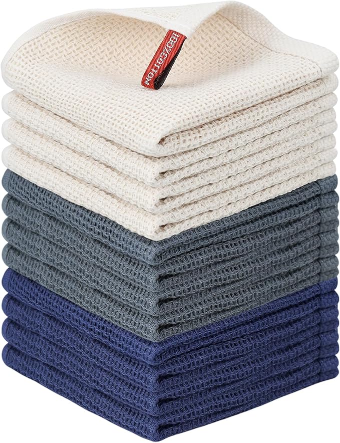 Nialnant 12 Pack Dish Cloths,100% Cotton Dish Towels for Washing Dishes,Soft and Absorbent Kitchen Cleaning Rags - 12x12 Inch