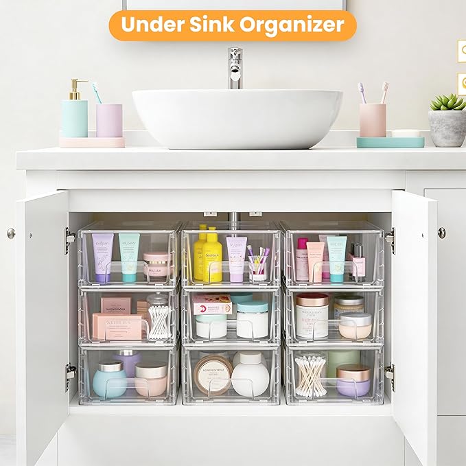 2 Pack Stackable Storage Drawers,Plastic Organizers Bins, Drawers Storage with Handles and Movable Dividers for Organization and Storage in Fridge,Bathroom, Pantry, Kitchen Cabinets, Under Sink
