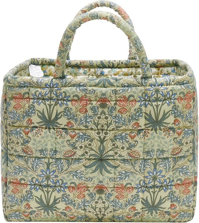 Quilted Fabric Storage Baskets with Handles, Boho Floral Gift Basket Foldable Organizer Bin for Home Decor, Picnic, Travel 12''x10''x10'' (Light Green)