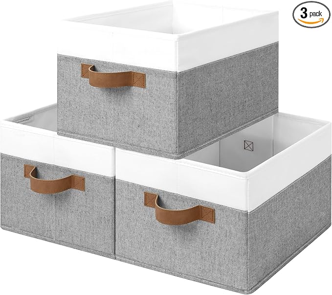 StorageWorks Fabric Shelf Baskets, Closet Organizers and Storage Basket, Foldable Storage Bins for Shelves, Clothes Storage Bins, Gray and White, 3-Pack, Large