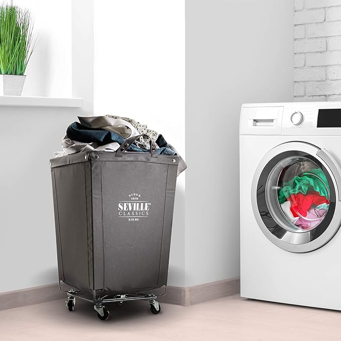 Seville Classics Large Commercial Heavy Duty Rolling Steel Frame Laundry Hamper Canvas Cart Bin, w/ Wheels for Hotel, Home, Closet, Bedroom (PATENTED), Gray, 18.1" D x 18.1" W