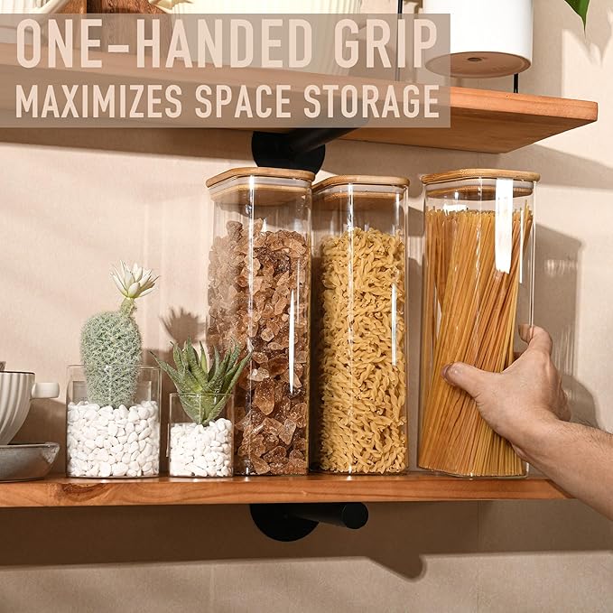 D2scrma 71oz Rectangle Airtight Glass Storage Containers with Bamboo Lids (Set of 4), Square Food Storage Jar, Pantry Organizers for Sugar, Flour, Spaghetti and Coffee beans (‎with Black Lable)