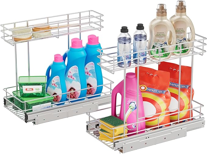 Under Sink Organizer 2 Packs, Pull Out Cabinet Organizer 2 Tier, Under Sink Slide Out Organizer Chrome Plated, Under Kitchen Bathroom Sink Organizer, Pantry Cabinet Closet Organization Rack, 9"W X19"D