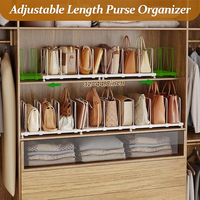11-Pack Adjustable Shelf Dividers, Expandable Purse Organizer for Closet (32–44.8"), Purse Storage Handbag Organizer for Closet Shoe Cabinet，White