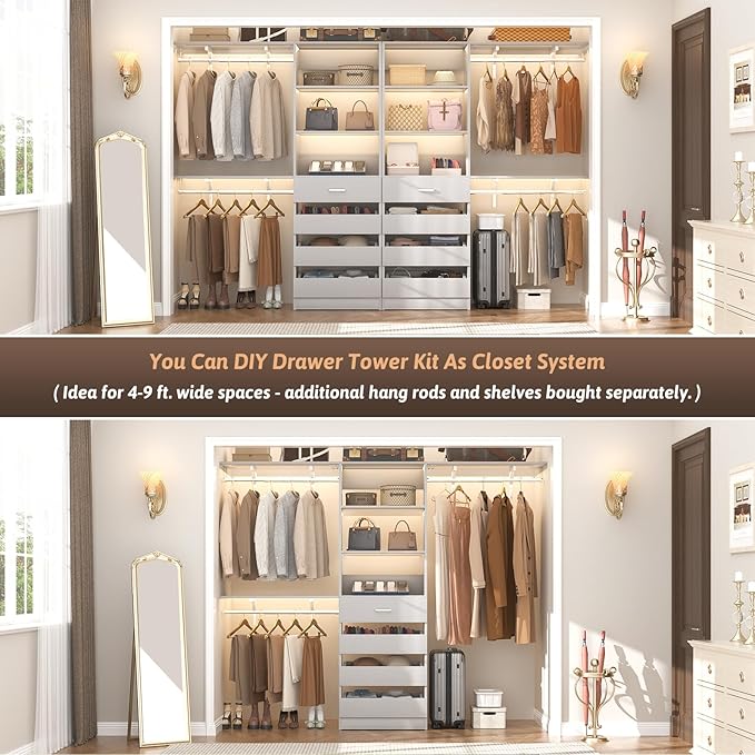 Aheaplus 21.3" Closet System with 4 Drawers, Wood Closet Organizer with Open Shelves, Modular Drawers System Tower, Walk-in Closet Small Wardrobe Rack, Tall Storage Cabinet Unit, Grey1