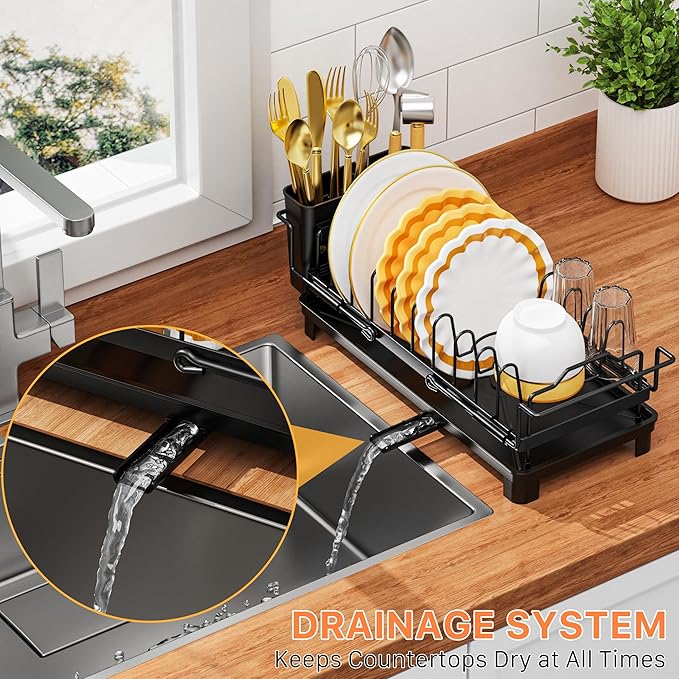 masadi Small Dish Drying Rack - Expandable Sink Dish Drying Rack Over Sinks with Drying Tray, Dish Drainer for Kitchen Counter with Adjustable Cutlery Holder, Space-Saving for Small Kitchens, Black
