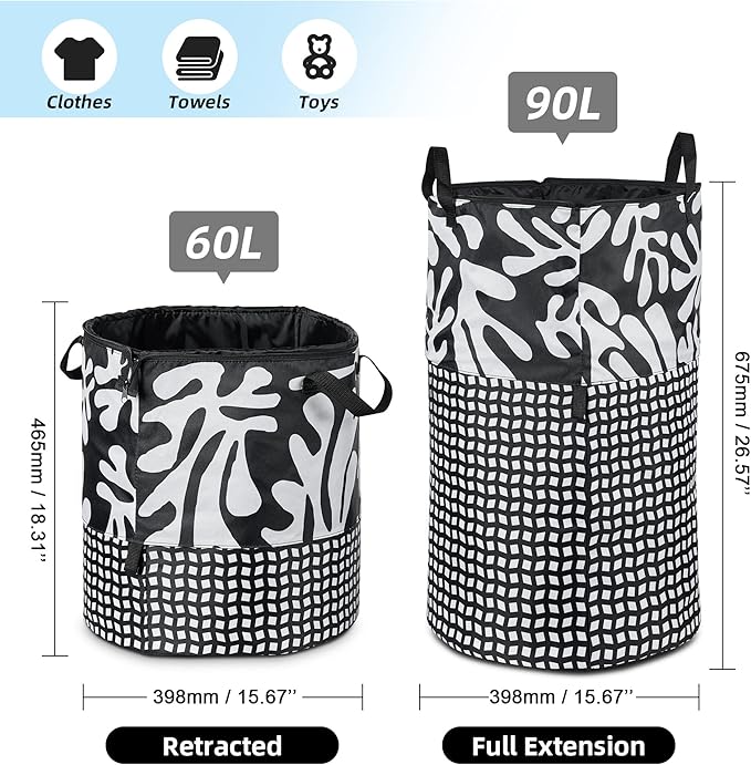 JOMOLA Large Collapsible Laundry Basket 90L Fabric Foldable Laundry Hamper Extendable Dirty Clothes Laundry Bag with Handles for Family College Dorm Storage Organizer (Black)