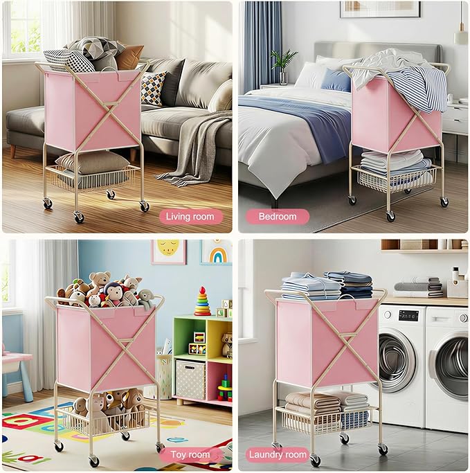 Convenient Laundry Basket with Wheels,36" High Easy Rolling Laundry Cart with Wheels,Heavy Duty Dirty Clothes Laundry Hamper with Handles Removable Bag for Seniors,Folding Metal Frame/Pink/98L