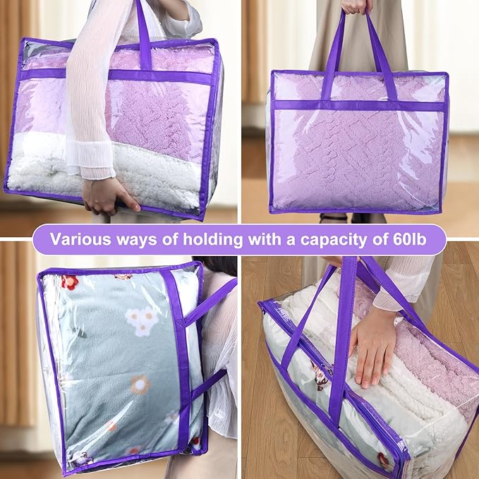 4 Pack Clear Zippered Storage Bags for Clothes, Closet Organizers and Storage Vinyl Bag for Bedding, Linen, Blankets, Comforters, Clothes & Toys Multi Purpose & Space Saver PVC Organizers