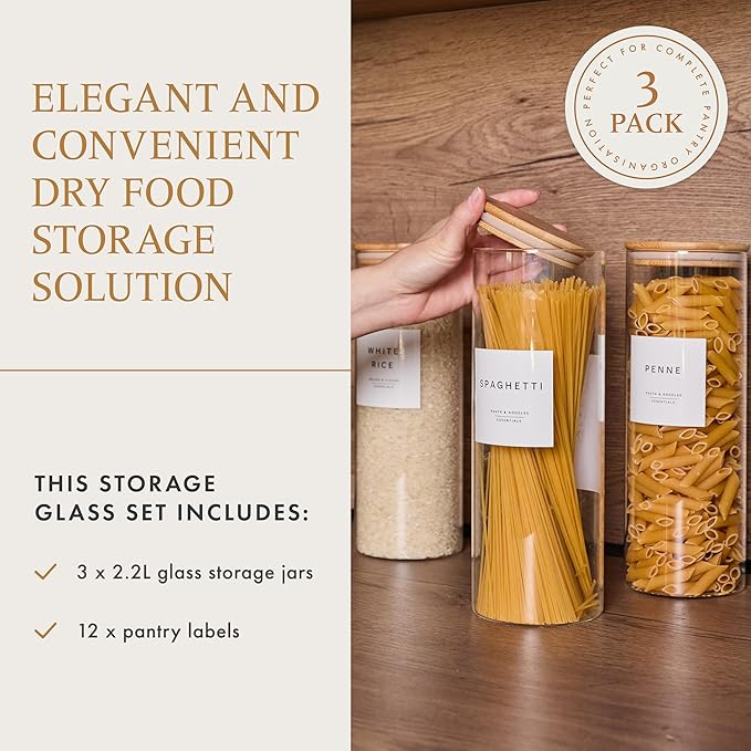 Livabl Set of 3 Glass Pantry Storage Containers with Lids- 12 Pantry Labels– (70oz) Glass Canisters with bamboo lids-Perfect Rice, Cereal, Flour, Pasta, Oats, food storage -Airtight-kitchen canisters