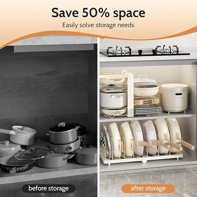 CEHNCEH Pots and Pans Organizer under Cabinet for Cabinet and Countertop Longest 28.5 in Foldable Adjustable 8-Tier Pan Organizer Rack Perfect to Store Pots, Kitchen Cabinet Organizer (White)