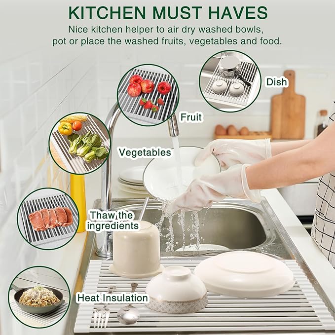 Roll Up Dish Drying Rack - Over The Sink, Multipurpose Foldable Sink Drying Mat, Heat-Resistant, Anti-Slip & Anti-Rust, 17" x 13", White