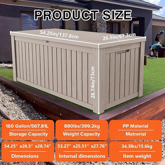 Outdoor Storage Box 180 Gallon Waterproof, Large Lockable Resin Deck Box Patio Storage Bin for Pool Accessories Cushion Furniture, Garden Tools, UV-Resistant Outside Delivery, Grey