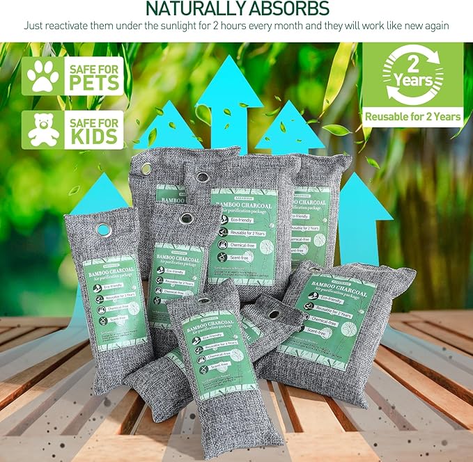 MAXWAVE 8 Pack Activated Charcoal Odor Absorber Bags, Bamboo Charcoal Air Purifying Bags, Natural Air Freshener, Shoe Deodorizer, Moisture Absorber, Odor Eliminators for Home, Car (4×50g, 4×150g)