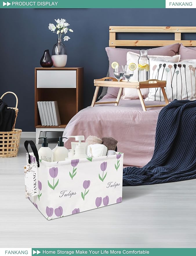 FANKANG Storage Bins, Nursery Hamper Canvas Laundry Basket Foldable with Waterproof PE Coating Large Storage Baskets for Kids Boys and Girls, Office, Bedroom, Clothes,Toys(Rec-tulips ）