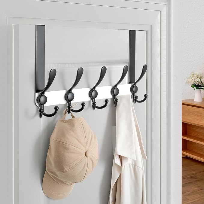 Dseap Over Door Hook 2.0 - Upgraded Version - Simple-Assembly, Strong, Heavy-Duty Stainless Steel 5-Tri-Hook Over The Door Hanger Rack, SimpleStrong Series, White & Black, Pack of 2