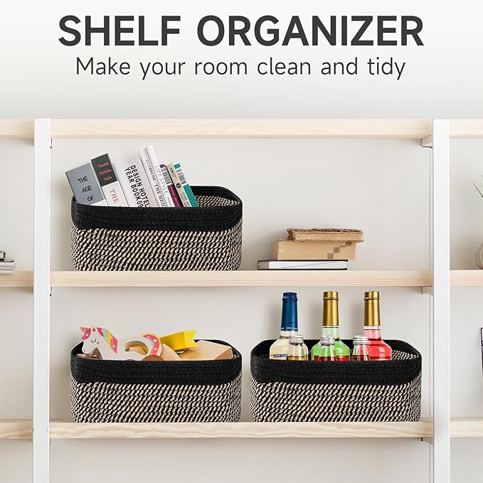 3-Pack Storage Baskets for Organizing | Woven Shelf Toy Basket | Rope Baskets for Gifts Empty | Closet Organizer Bins with Handles | Cube Decorative Box | 13.7×7.1×6.7” | Black Brown