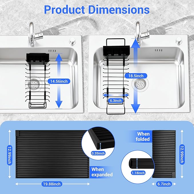 Dish Drying Rack, Stainless Steel Expandable in Sink & Countertop, Space Saving with Silicone Mat and Drying Rack for Kitchen, Rv, Commercial Use