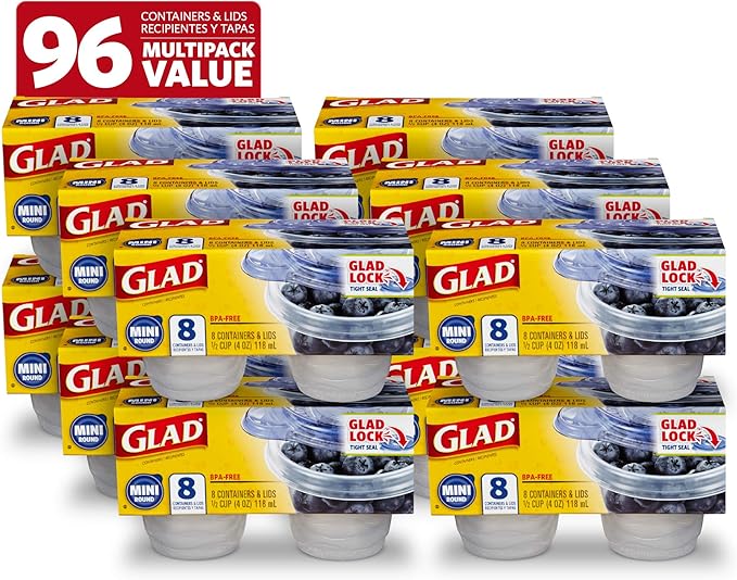 Glad GladWare Mini Round Food Storage Containers - Small Meal Container Holds up to 4 Ounces of Food - Lock Tight Seal, 8 Count - 12 Pack