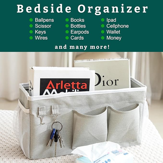 ADVANCELLPRO Bedside Caddy Organizer Hanging Storage Bag with Pockets for Books, Magazines, Phone, Tablet & Water Bottle – Bedside Storage for Dorm, Bunk Beds, Hospital Beds & Cribs,Grey