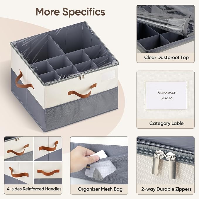 MSTONAL Shoe Organizer for Closet, 1 Pack Shoe Storage Container with Adjustable Dividers, Space Saving Shoe Box Storage Organizer Bin with Clear Lid and 4 Handles, Fits 8-16 Pairs, Beige & Grey
