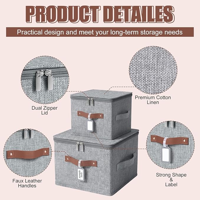 Fiwochic 6 Pack Fabric Storage Bins with Lids, 10x8x7Inch Foldable Cotton Linen Storage Boxes with PU Leather Handles and Label Holders for Closet, Bedroom, Shelf, Nursery, Gray