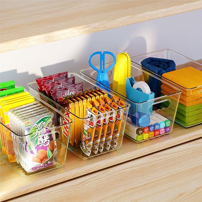 KJIXYUNG 6 Pack Clear Pantry Organizer Bins, Fridge Organiser Set, Plastic Containers with Handle,Home Organization Must Haves for Kitchen,Freezer,Cabinet,Closet,Bathroom Under Sink Storage