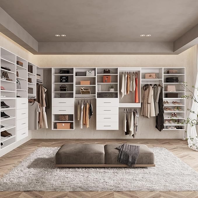 ROOMTEC Modular Closet System, 55" Wall-Mounted Closet Organizer with Drawers and Hanging Rods, Wooden Tower for Walk-In Closets, Wardrobe Storage Kit, White