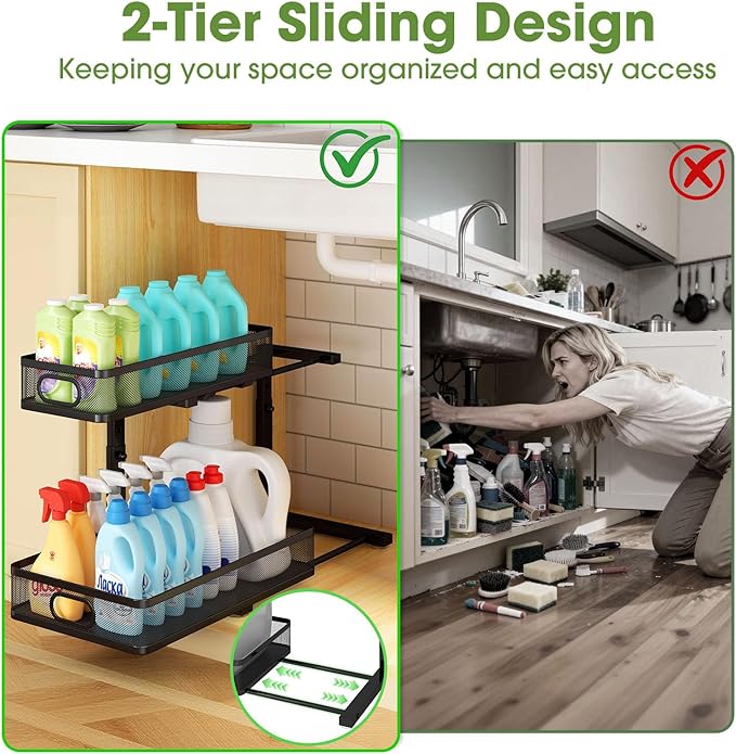 Under Sink Organizer 2-Pack, Metal 2-Tier Pull-Out Cabinet Shelf with Slide-Out Mesh Drawers, Height Adjustable, Space-Saving Under Sink Storage Racks for Kitchen, Bathroom, Laundry Room